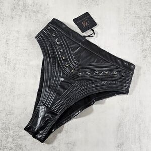 Honey Birdette Connie Black High Waisted Brief Faux Leather with Studs Size XS